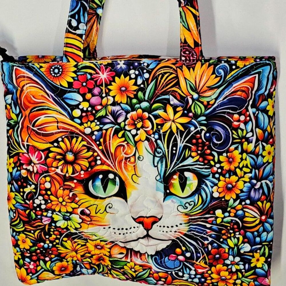 Quilted Psychedelic Cat Floral Art Tote Bag 17" x 15"